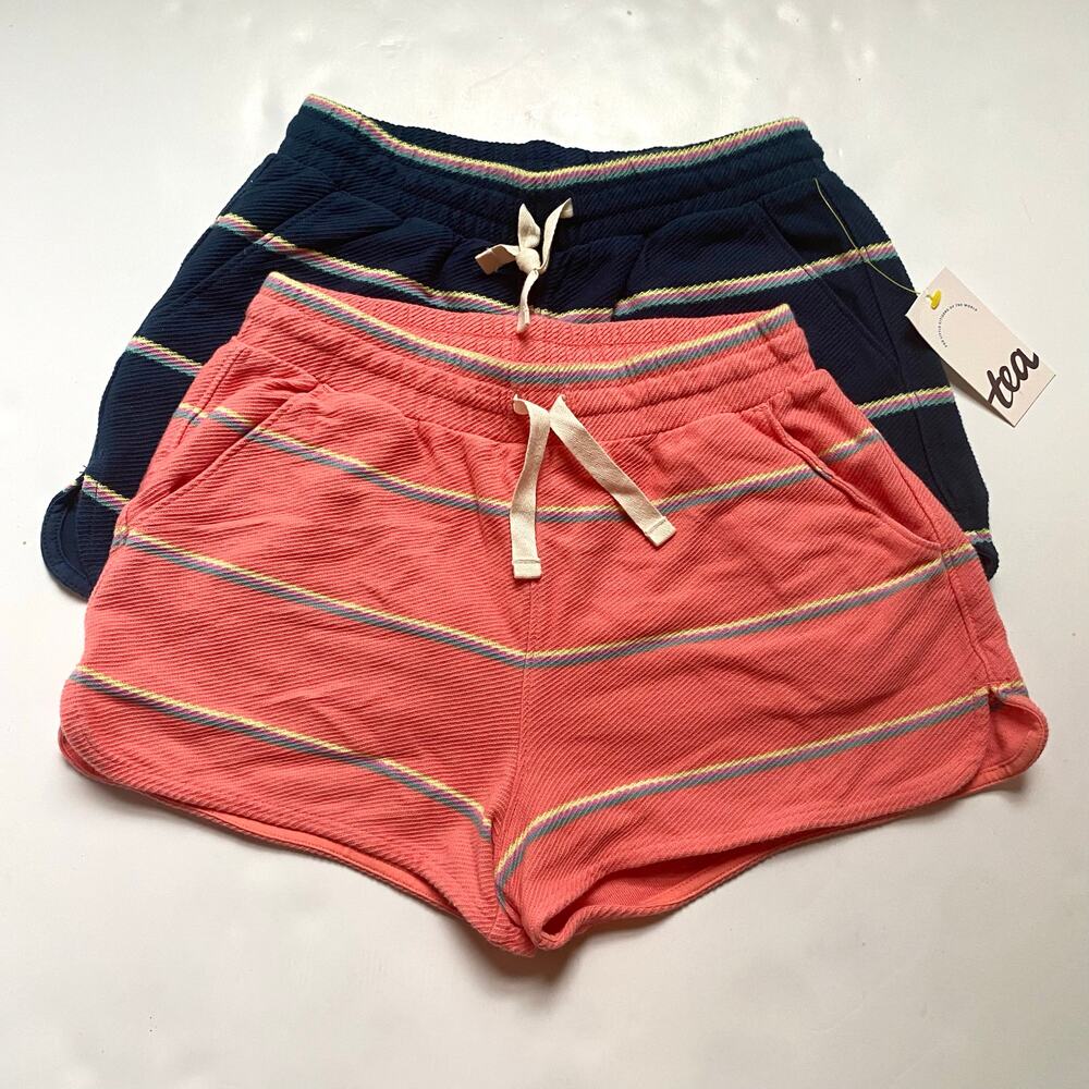 Tea Collection Girls' Striped Shorts Set - Coral and Navy